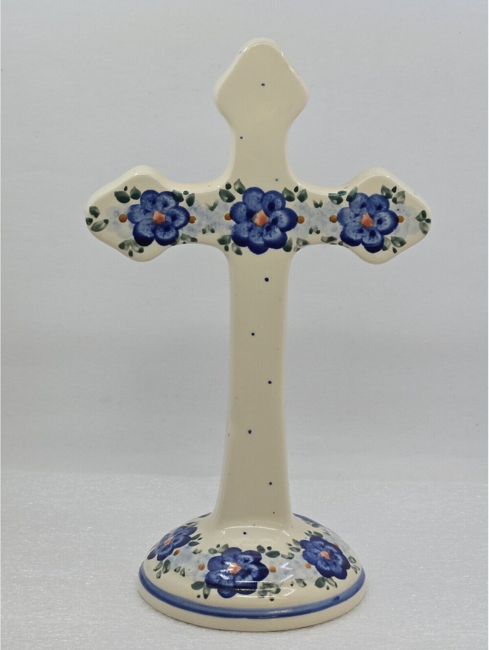 Polish Pottery Standing Cross 10" Cer-Raf Unikat Blue Poppies Boleslawiec Poland